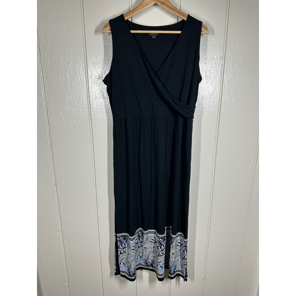 J. Jill Dress Womens M Black Wearever Floral Border Faux Wrap Sleeveless Midi